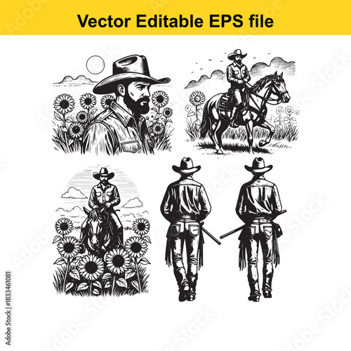 collection of black and white vector illustrations depicting cowboys, horseback riding, and portraits set against a backdrop of sunflowers and open landscape