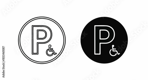 Two circular signs for disabled parking, one outlined and one filled, featuring a capital 'P' and the international accessibility symbol.