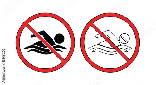 Two red circular prohibition signs indicating no swimming, one with a solid black swimmer and the other with an outlined swimmer.
