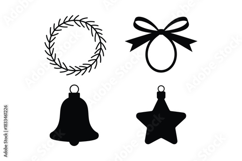 Set of four black christmas ornaments and decorations