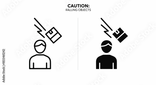 Two icons illustrating a 'Caution: Falling Objects' warning sign, depicting a box falling onto a person's head in both outline and solid styles.