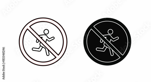 Two icons showing a 'no running' sign, one in outline style and one in solid black style, on a white background.