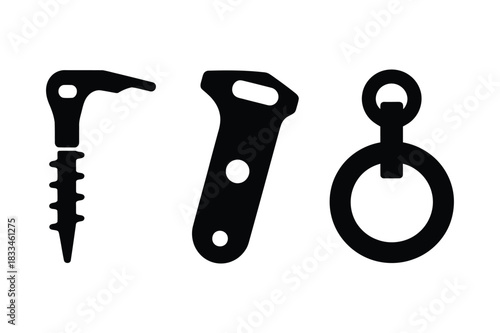 Three black silhouette illustrations of metal hardware components