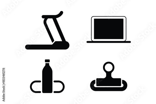 Four icons representing fitness technology hydration and office supplies