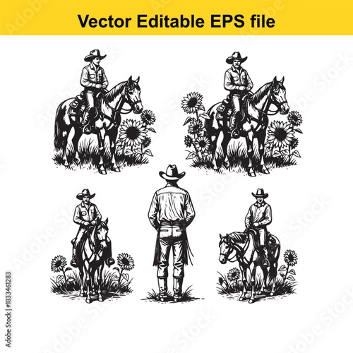 collection of five black and white vector illustrations depicting cowboys riding horses surrounded by sunflowers, presented as an editable eps file