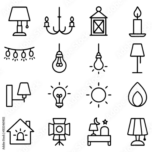 Illumination Essentials: A curated collection of lighting icons, showcasing diverse illumination sources, ideal for design concepts, interior aesthetics, and innovative technology