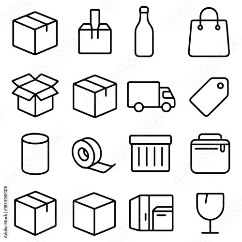 Essential Icons: A comprehensive set of shipping and packaging essentials, rendered in a clean, modern line style, perfect for conveying logistics and delivery.