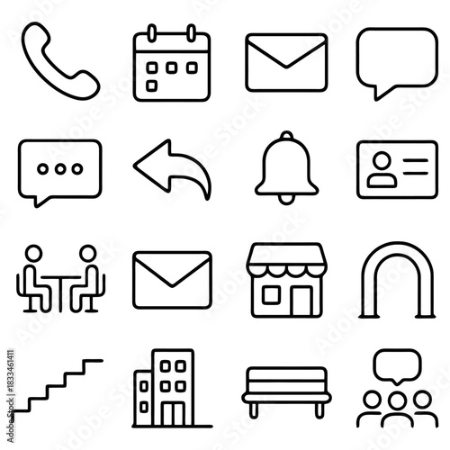 Communication Icons Set: A collection of simple, clear communication icons on display, perfect for illustrating various aspects of communication and business interactions.