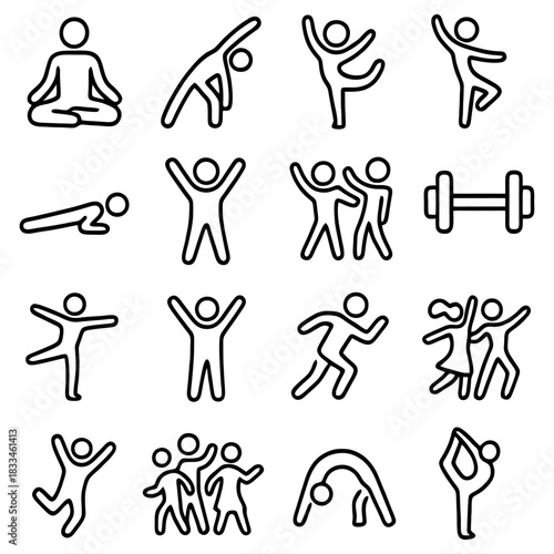 Active Icons: A dynamic collection of simple icons illustrating a variety of exercises, from yoga to weightlifting, representing health, fitness, and active lifestyles. 