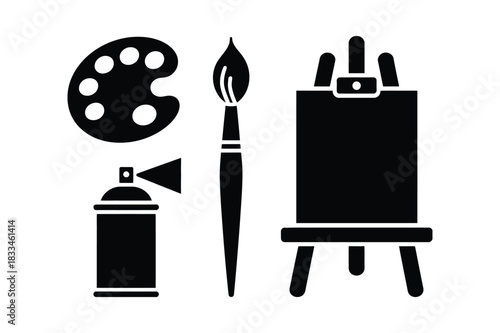 Art supplies silhouette including easel paintbrush palette and spray can