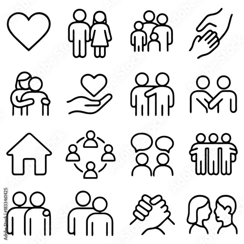 Iconic Social Harmony: A visual tapestry of communal bonds, depicting family, friendship, empathy, and support through simple yet powerful icon illustrations. 