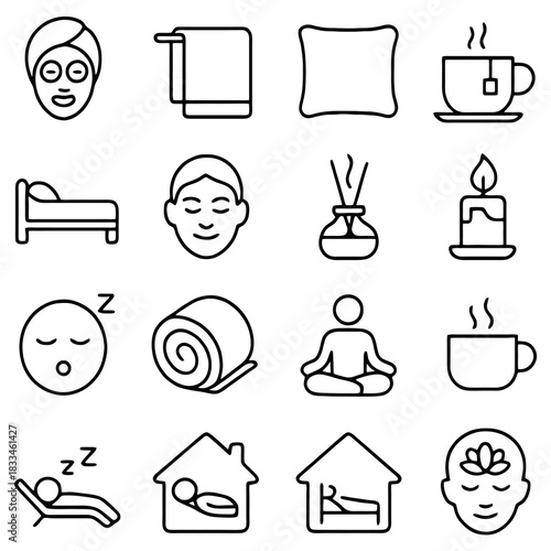 Serene Self-Care Icons: A collection of minimalist line icons representing elements of self-care and relaxation, perfect for wellness-themed designs. 