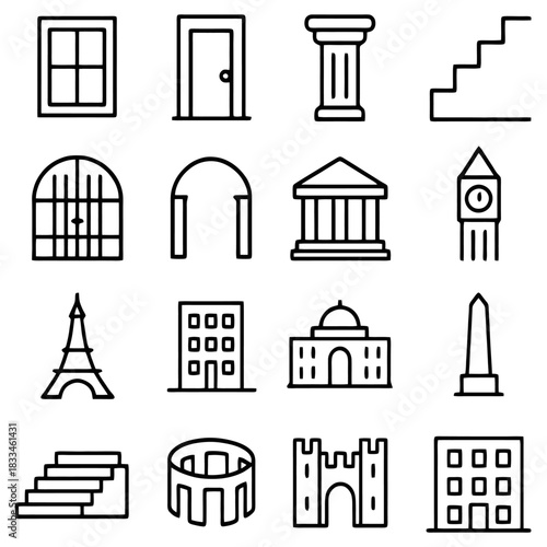 Architectural Iconography: A collection of architectural symbols, including windows, doors, columns, and more, artfully arranged to represent various building elements and structures.