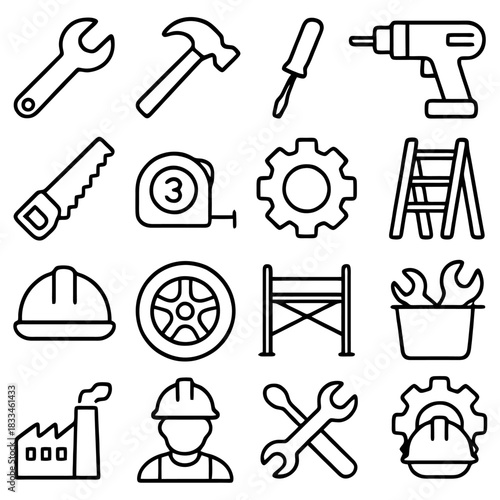 Construction Tools Set: A comprehensive collection of essential construction tools neatly arranged, each meticulously depicted with clean lines and simple forms.