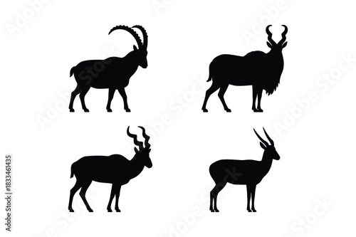 Four black silhouettes of different antelopes and goats