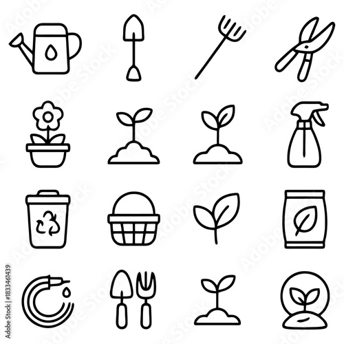Gardening Essentials: An array of gardening tools and elements is showcased, encompassing a watering can, spade, rake, shears, potted flower, seedling, sprayer, recycle bin, basket, leaf.