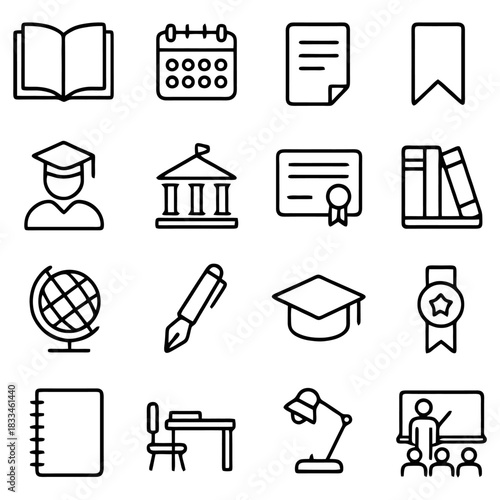 Education Essentials: A collection of educational icons representing various academic aspects, from textbooks to graduation.