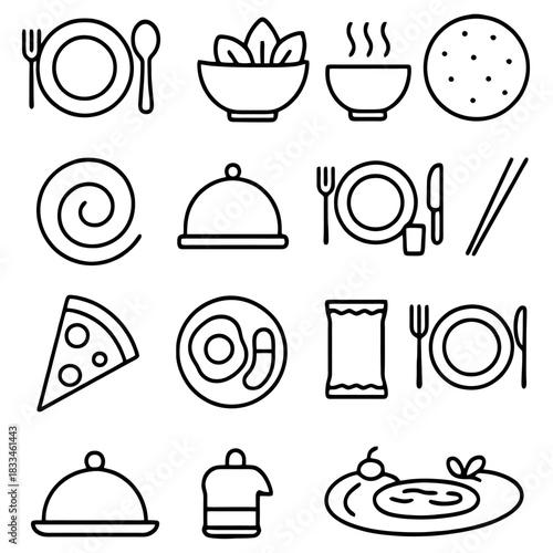 Diverse Culinary Collection: A graphic assortment of food items, utensils, and serving dishes, elegantly presented in a simple, minimalist design, ready for any culinary concept.