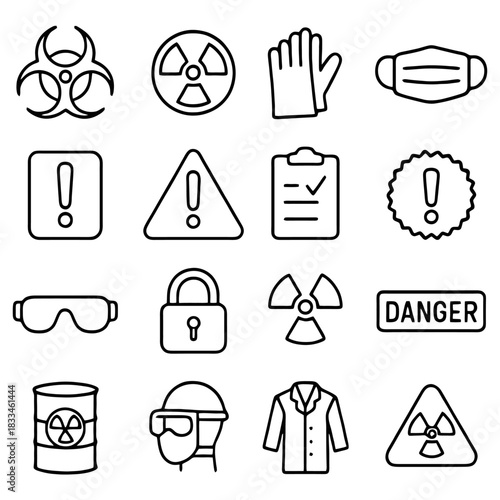 Safety Icons and Warnings: A collection of essential safety icons and warning symbols, designed to communicate potential hazards and protective measures. Symbols representing diverse safety concerns.