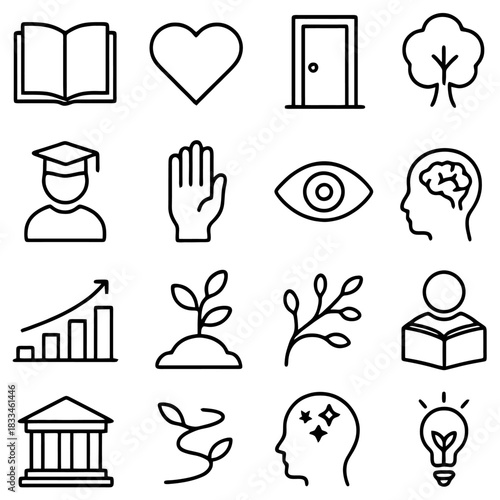 Symbolic Collection: A graphic depiction of various symbols conveying concepts such as knowledge, emotion, growth, and aspiration, ideal for design templates.
