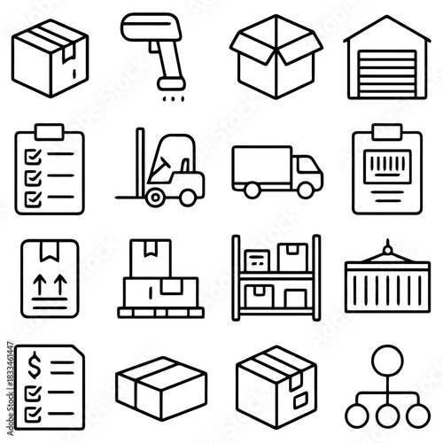 Warehouse and Logistic Icons: A set of clean, minimalist line icons representing various aspects of warehousing and logistics operations.