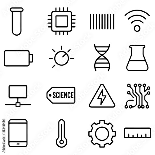 Science and Technology Icon Set: A comprehensive collection of meticulously crafted, minimalist icons, symbolizing key elements from the realms of science, technology and innovation.