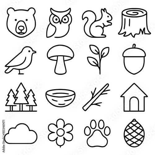 Forest Icon Set: A captivating collection of forest icons, designed in a clean, minimalist style, showcasing essential elements of the natural world.