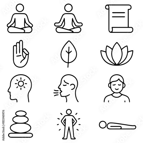Serene Mind and Soul: A collection of simple illustrations depicts various aspects of mindfulness, including meditation poses, symbols of inner peace, and the journey toward self-discovery. 