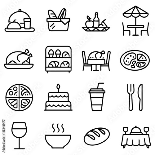 Dining Delights Icon Set: An extensive collection of food and dining icons, showcasing diverse culinary elements and settings.