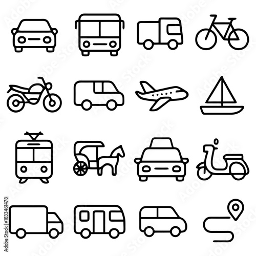 Transportation Icons: A collection of various transportation modes are shown in a clean, minimalist style