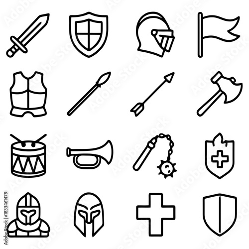 Medieval Arsenal: A collection of iconic medieval weapons and heraldic symbols. This image illustrates a rich historical narrative of knights, battles, and heraldry. 