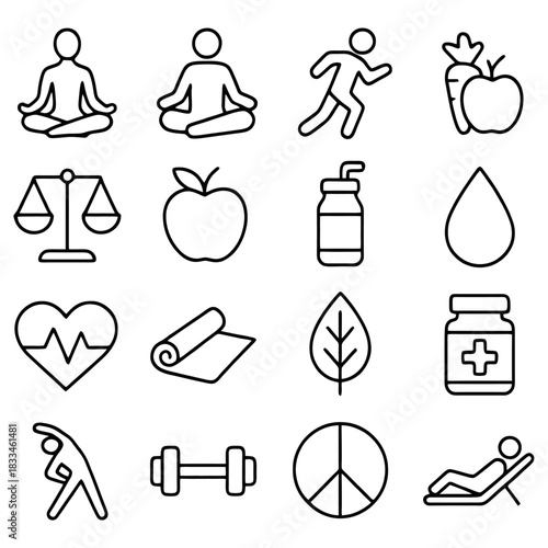 Essential Wellness Elements: A collection of meticulously crafted, minimalist icons portraying vital components of wellness and healthy lifestyle, inviting you to embrace balance and vitality.