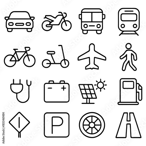 Transportation Icons: A collection of streamlined icons representing diverse modes of transport and related elements, set against a pristine backdrop.