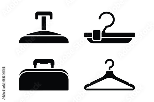 Collection of black silhouettes of clothing hangers and luggage