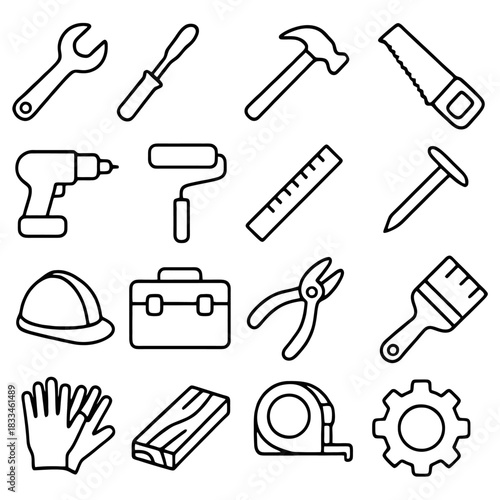 Assorted Tools Illustration: A comprehensive collection of essential tools, meticulously arranged and ready for various construction or repair tasks.