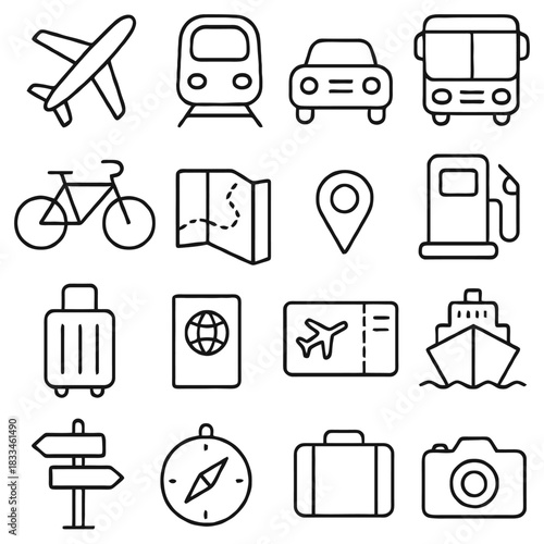 Travel Icons: A collection of simple, elegant black and white icons representing various modes of transportation and travel essentials, perfect for travel-themed design projects.