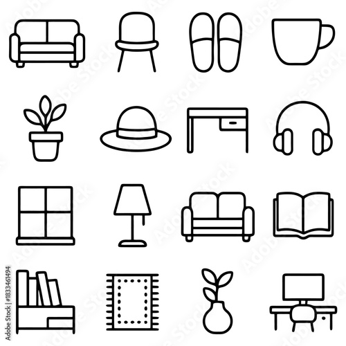Interior Design Elements: A carefully curated collection of minimalist icons depicts the essential elements of interior design, creating a clean and modern aesthetic.