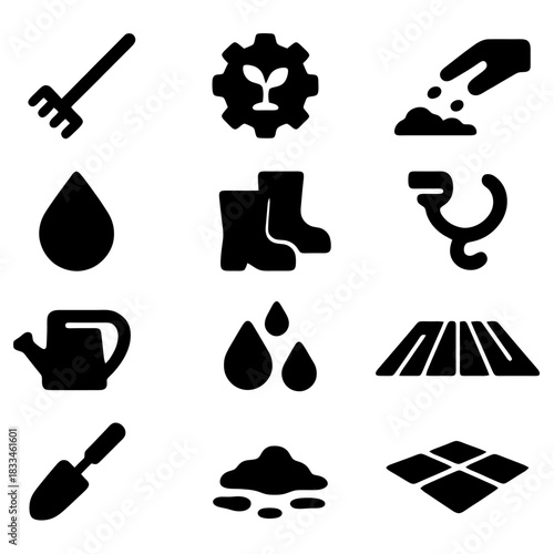 Gardening Icons Collection: A curated set of gardening icons, showcasing essential tools and elements, perfect for illustrating the art and science of nurturing a garden.
