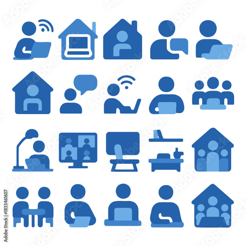 Remote Work Iconography: A curated collection of vibrant icons depicts the essence of remote work. Showcasing people engaged in diverse activities.