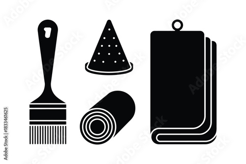 Collection of simple black and white icons representing tools and party supplies
