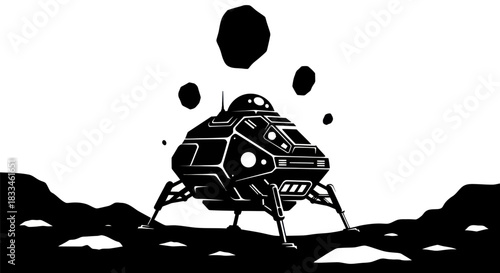 Monochrome Lunar Lander on Moon Surface with Asteroids.