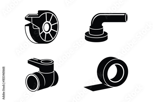 Plumbing and pipe fitting components illustrated in black and white
