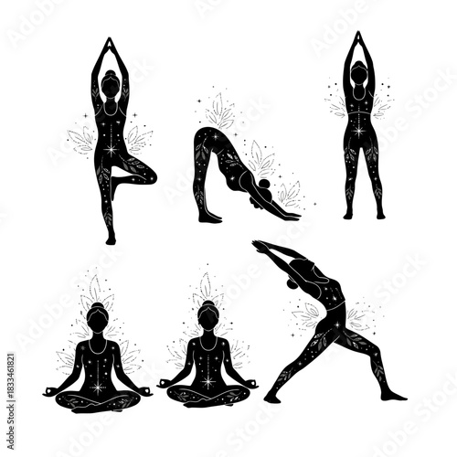 Yoga Silhouette Poses with Spiritual Energy Illustrations
