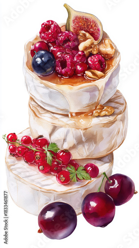 Gourmet cheese stack with fresh berries, figs, and nuts, drizzled with honey, isolated on white background