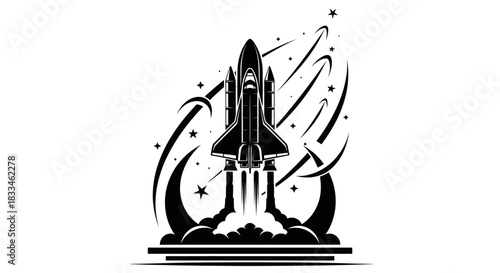 Monochromatic Space Shuttle Launching into Orbit with Stars and Arcs.