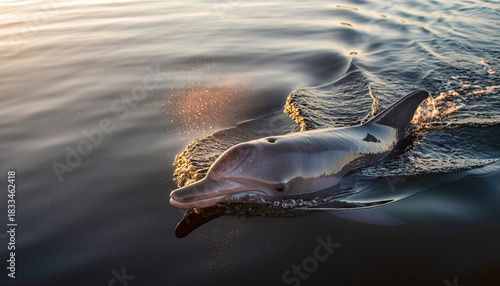A beautiful bottlenose dolphin swimming in the calm ocean at sunset.