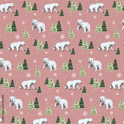 Polar bears in a Christmas forest on a pink background.Vector seamless pattern with polar bears and Christmas trees on a pink background with snow and snowflakes.