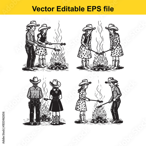four pairs of cowboy and cowgirl characters roasting marshmallows over a campfire in a vintage woodcut style vector illustration, isolated on white background