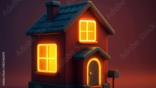 Cozy glowing house with illuminated windows and door at dusk featuring mailbox and tiled roof creating warm inviting atmosphere in simple stylized home design with cozy warm glowing roof and mailbox