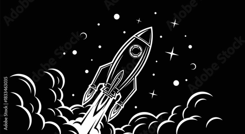 Rocket Launching into Space with Stars and Smoke.